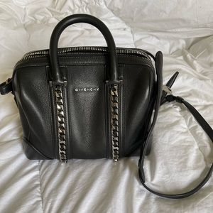 Black leather Givenchy bag with silver chain detail.